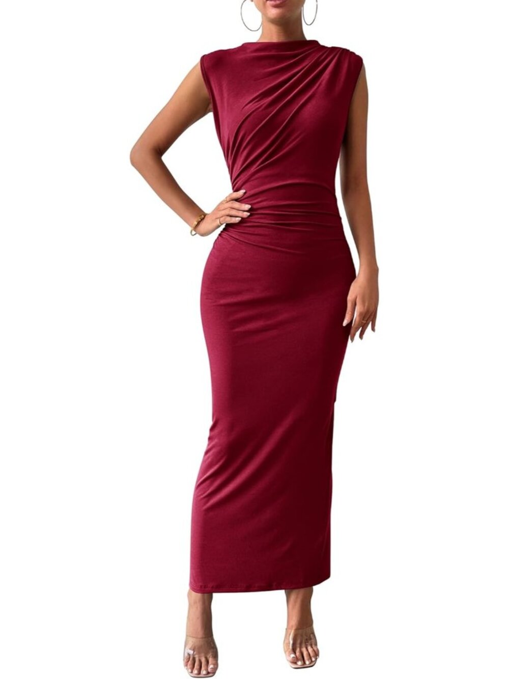Women's Bodycon Wine Red Summer Sleeveless Back Slit Party Cocktail Maxi Dress